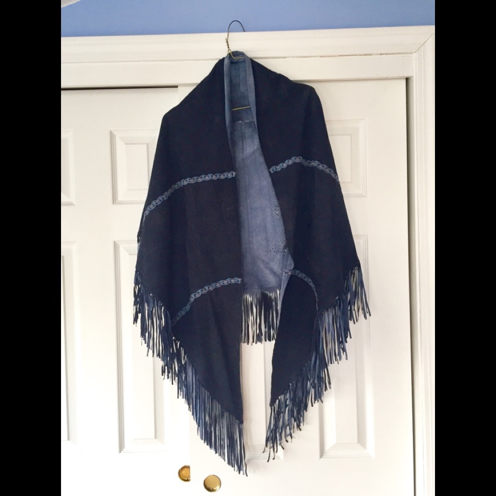 Suede laser cut,  fringed reversible shawl.
